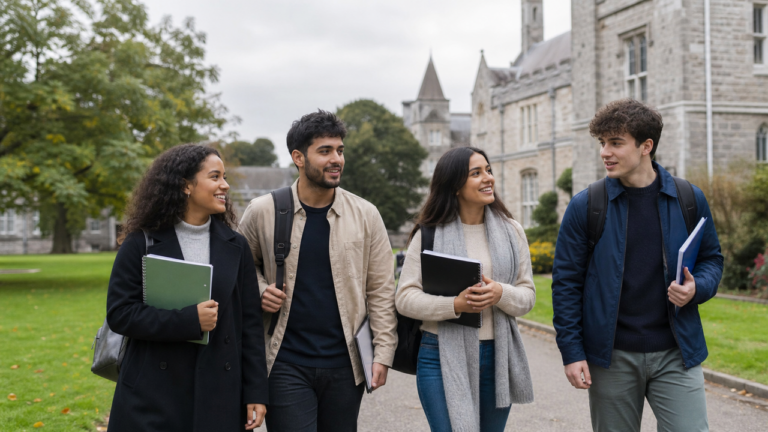 Estudantes internacionais em um campus universitário na Irlanda