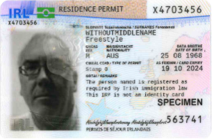 Modelo oficial da frente do Irish Residence Permit introduzido em 2022
