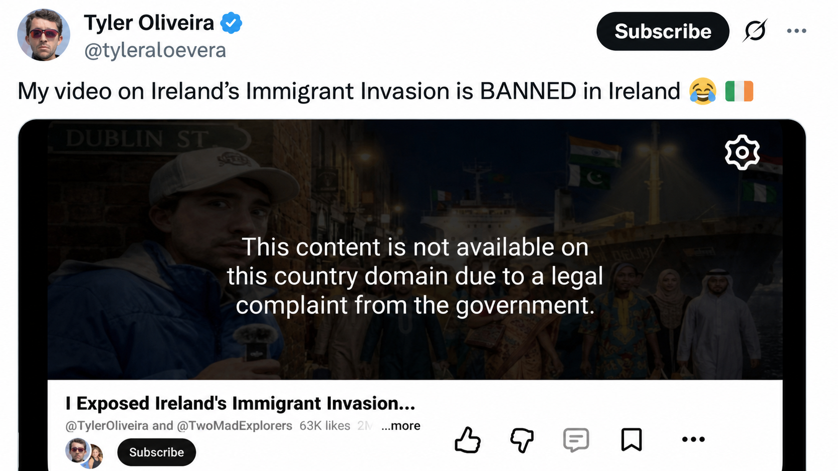 Vídeo de Tyler Oliveira é censurado na Irlanda após queixa legal atribuída ao governo