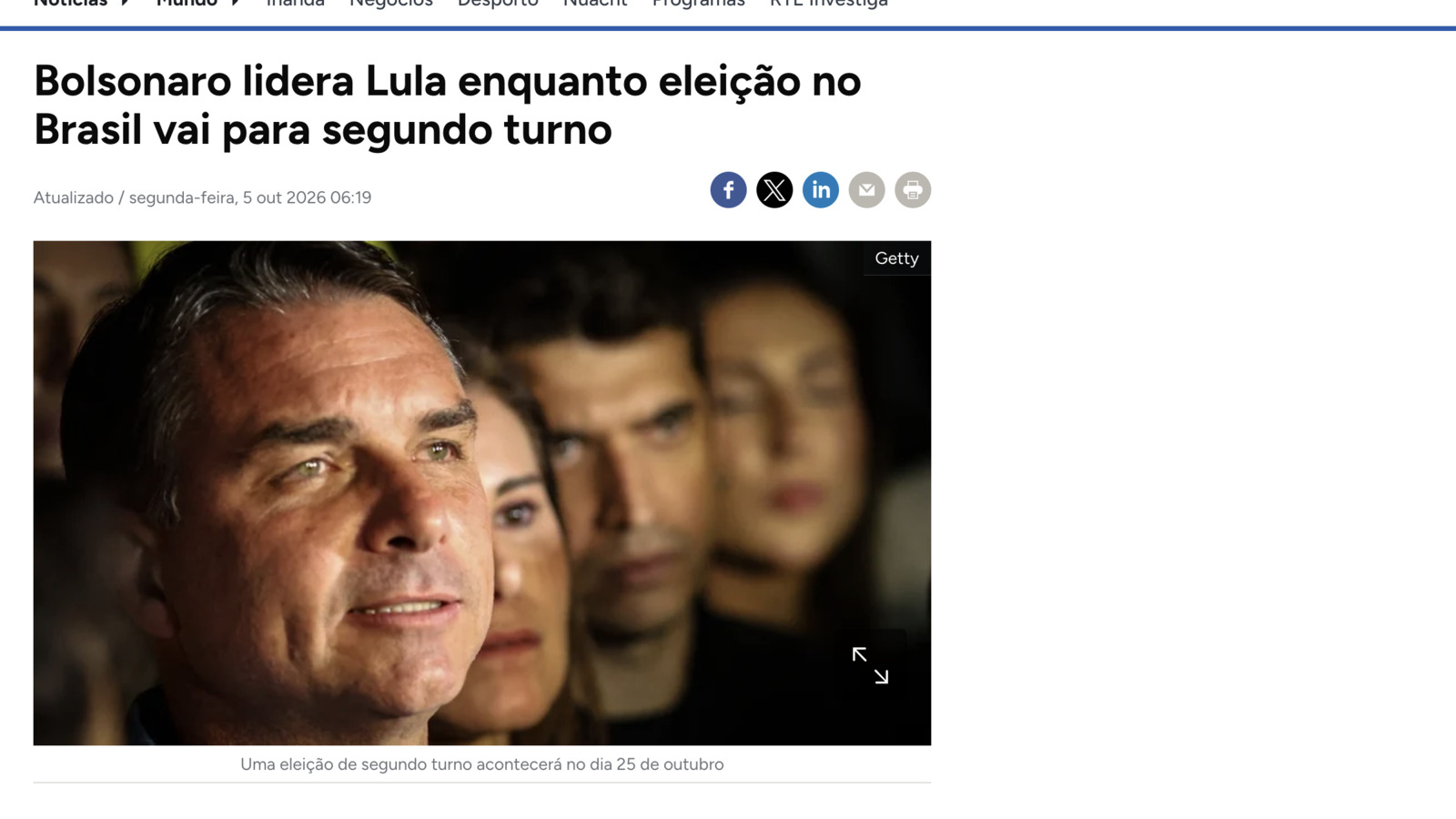 Página da RTÉ destaca o resultado do primeiro turno da eleição presidencial brasileira
